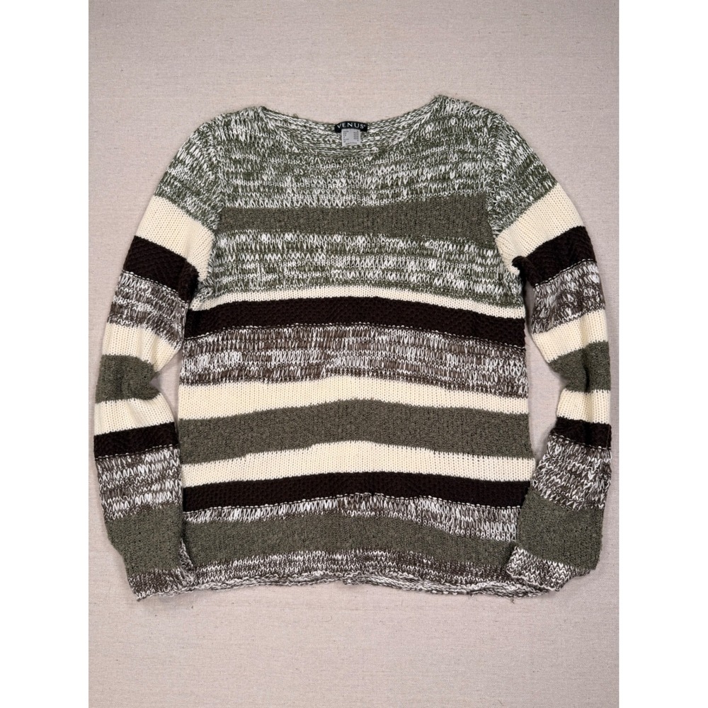 Venus Womens Striped Knit Sweater Olive Green Cream Brown Size Medium